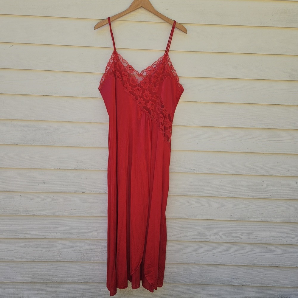 Vintage Nylon Slip Dress Womens XL Red High Slit Nightgown USA Lace Glam